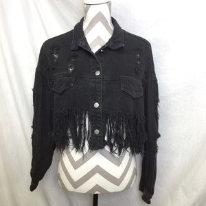 Shein Womens Black Distressed Fringe Denim Jacket
